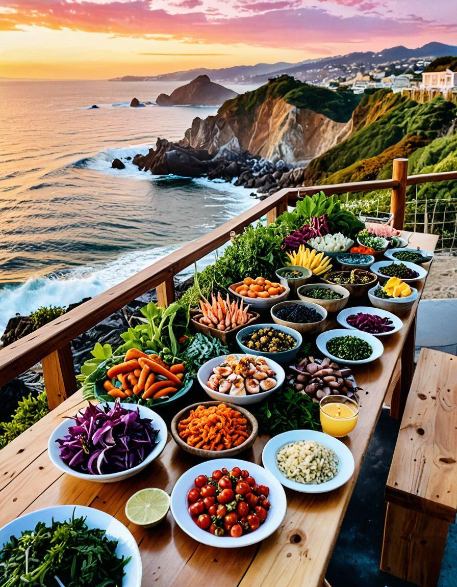 A beautifully styled wooden table filled with an array of fresh seafood dishes, vibrant farmer's market vegetables, and colorful herbs, set against a stunning coastal backdrop of the Bay Area. In the background, waves crash against rocky shores, while a gentle sunset colors the sky in warm hues. A small sign promoting eco-friendly dining practices sits at the corner of the table. The atmosphere feels inviting and lively, capturing the essence of local cuisine. super-realistic. vibrant colors. scenic background.