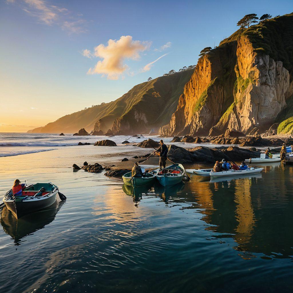 A picturesque Bay Area coastline with rugged cliffs and gentle waves, featuring a vibrant seafood market at the foreground with stalls bursting with fresh sustainable seafood. In the background, adventurous people kayaking and paddleboarding, under a clear blue sky with a hint of golden sunset reflecting on the water. Lush green hills in the distance, capturing the essence of coastal living. super-realistic. vibrant colors. white background.