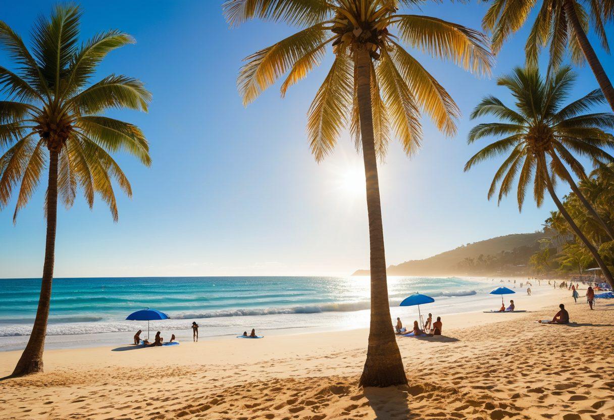 A sun-kissed beach scene with vibrant blue waves crashing on golden sand, showcasing various outdoor activities like surfing, beach volleyball, and paddle boarding. Include people of diverse backgrounds enjoying these activities under a clear sky and the radiant sun, with colorful beach umbrellas and palm trees swaying in the background. The overall mood should convey excitement and adventure. super-realistic. vibrant colors. white background.